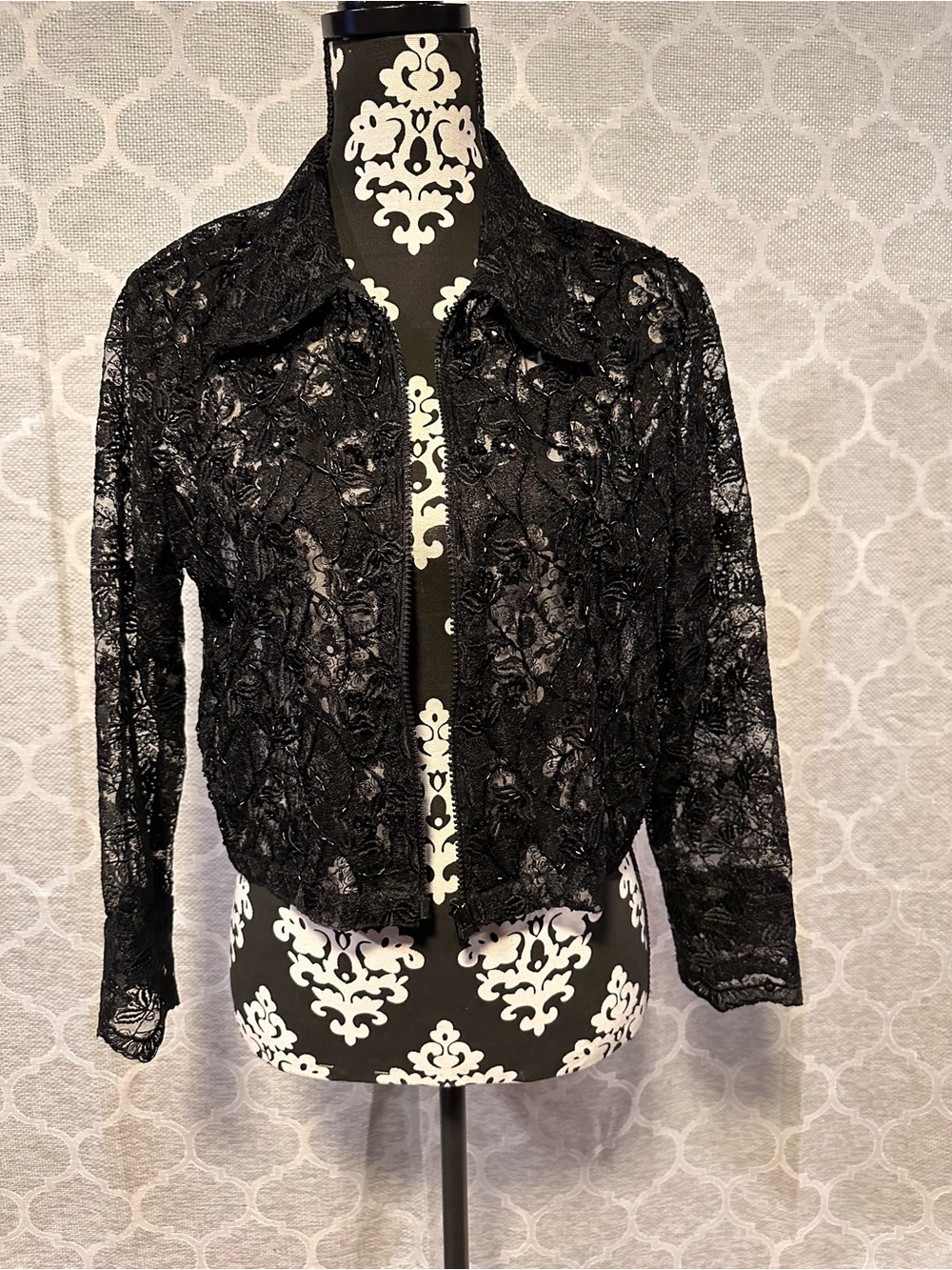 FAITH Vintage Beaded Sequin Floral Sheer lace Full Zip Cropped Jacket Medium